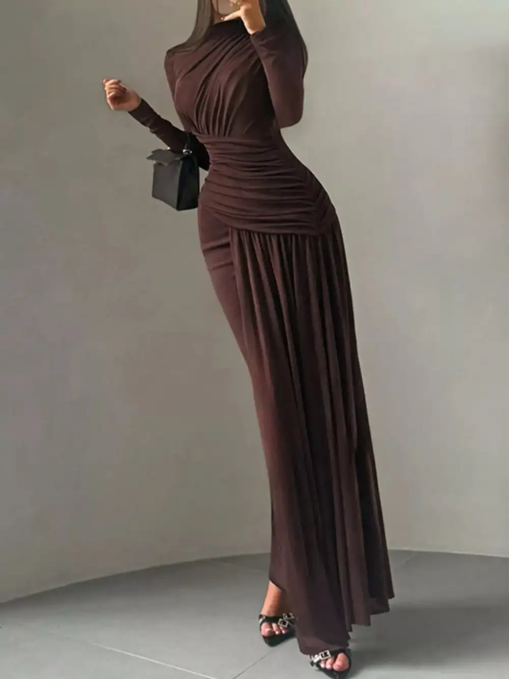Polished Detail Ruched Long Sleeve Maxi Dress