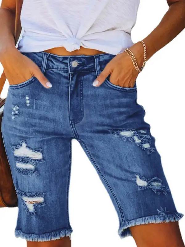 Mid Rise Ripped Elastic Waist Denim Jeans