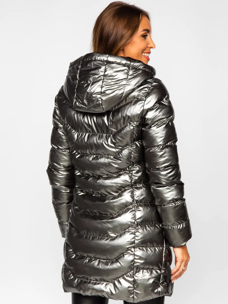 Women's Silver Long Quilted Winter Jacket With Hood