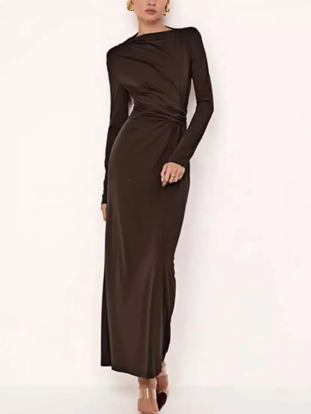 Balanced Detail Ruched Long Sleeve Maxi Dress