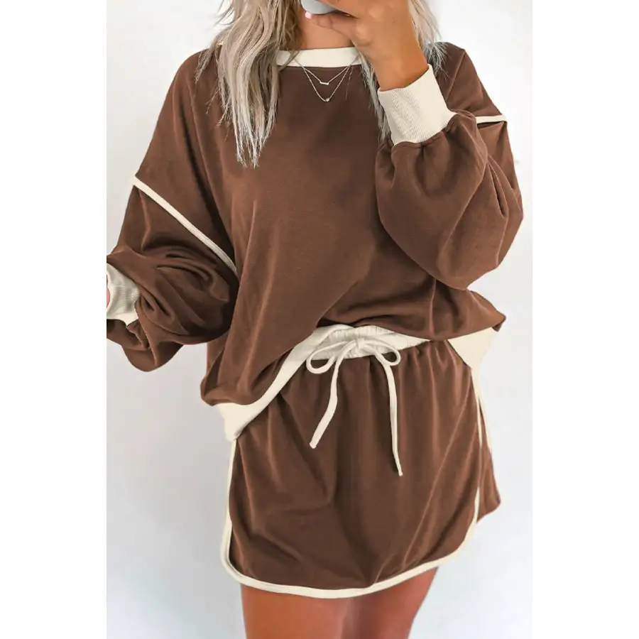 Contrast Trim Round Neck Top and Skort Set