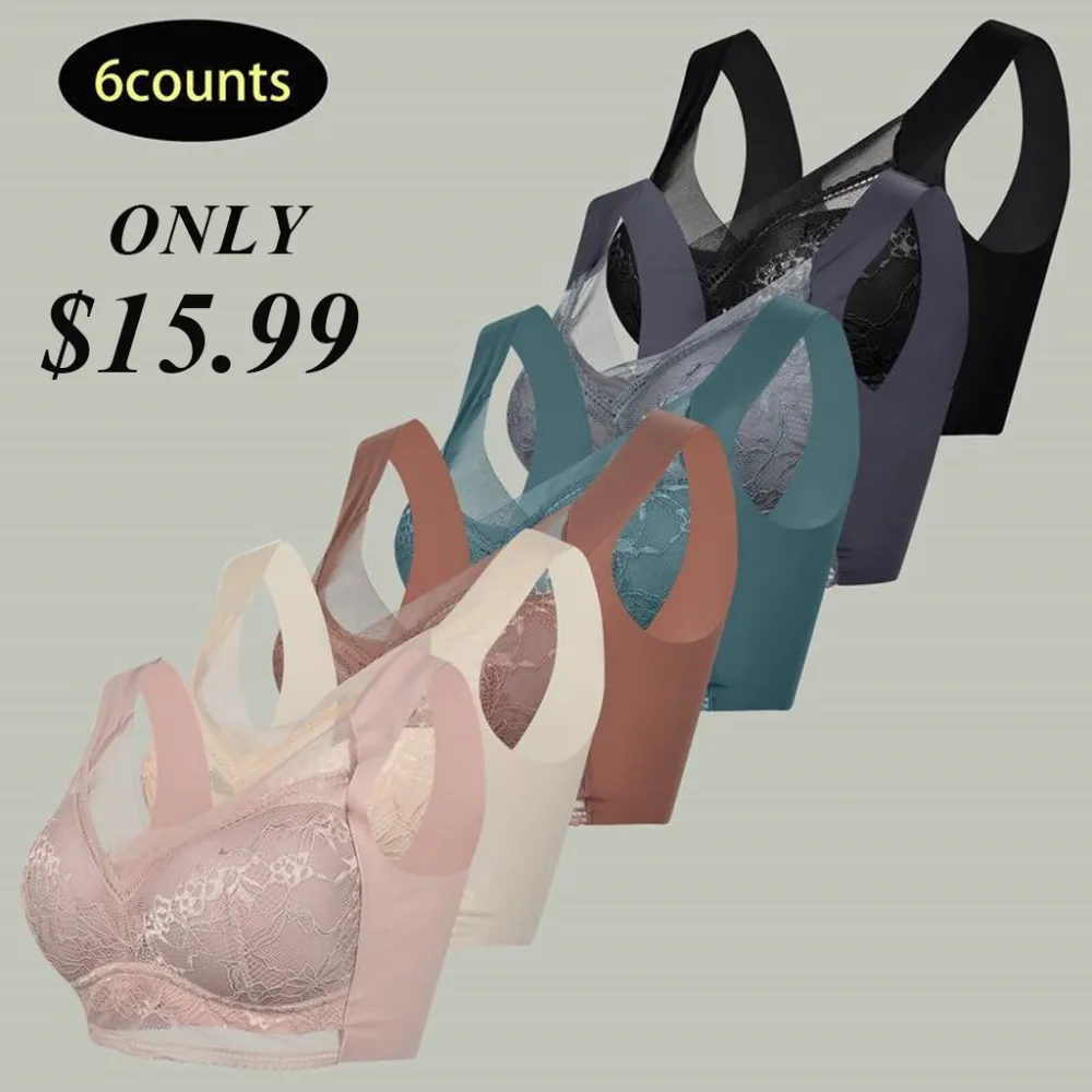[6Pack]-Women'S Plain Contrast Lace BraSoftBreathable Push Up Bra U