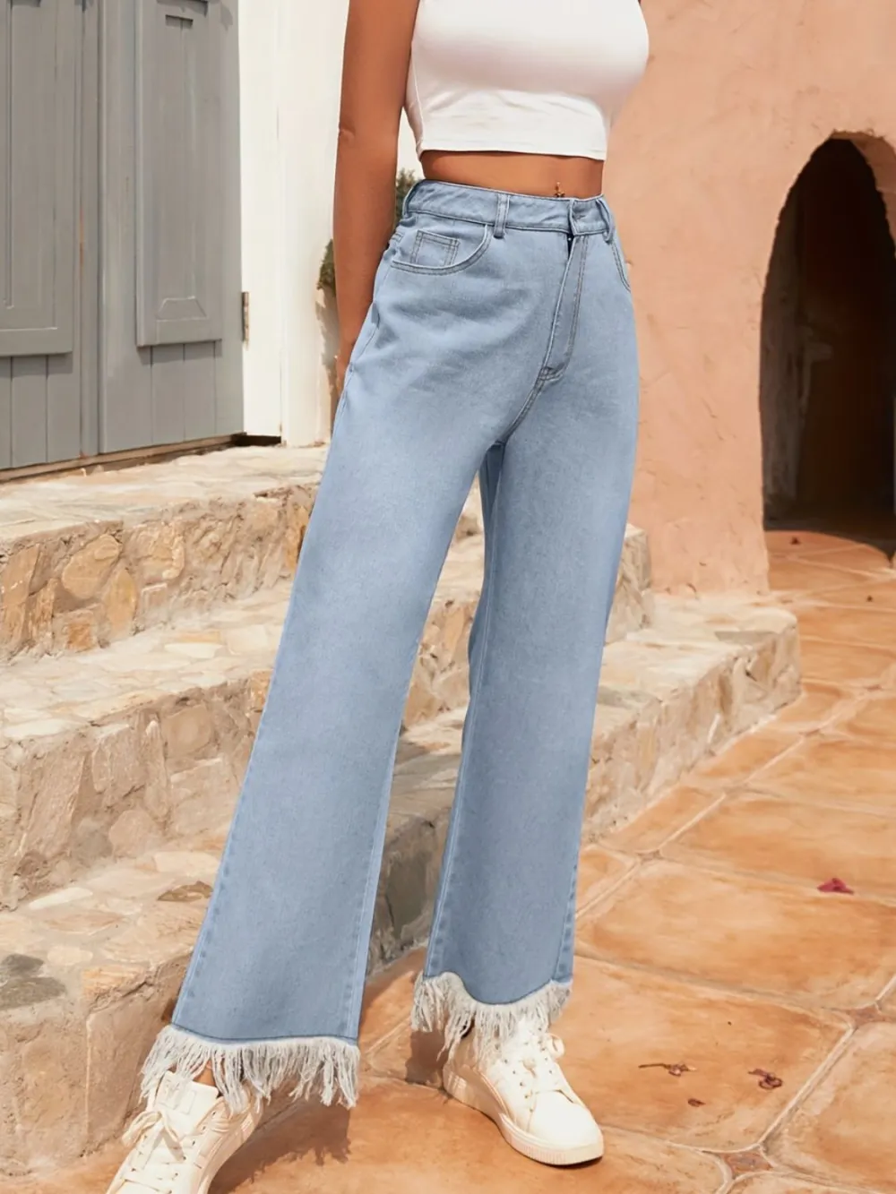 Flare Leg Raw Hem Pocketed Denim Jeans