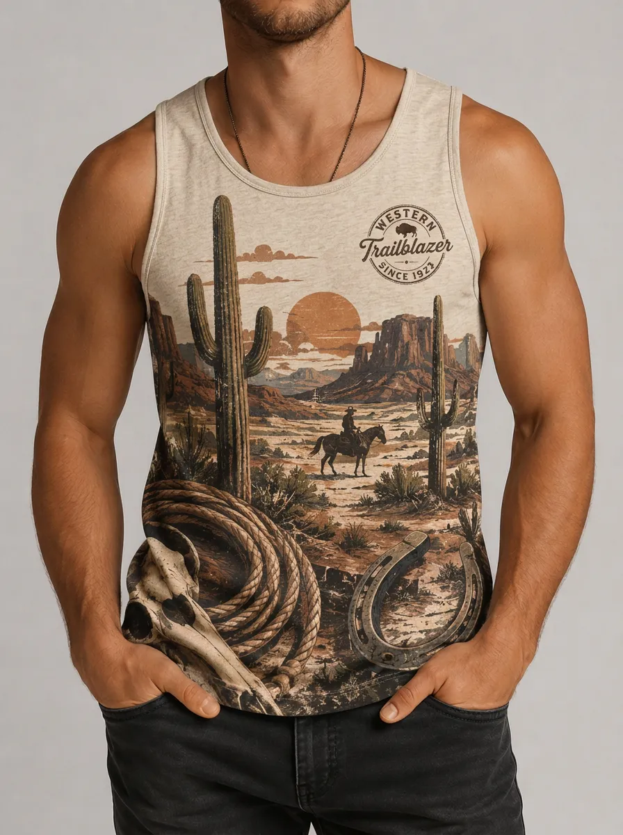 Men's Western Trailblazer Cowboy Cactus Printed Tank Top