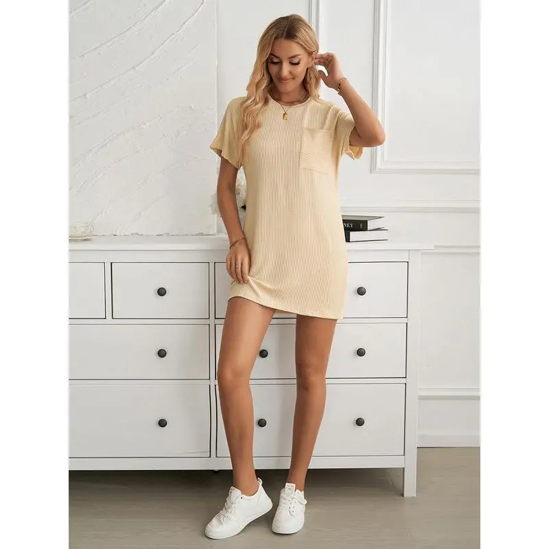 5PACK-Women's Wave Striped Casual Dress Loose Pocket Dress Home Furnishing Collection Fabric Short Basic Shortsleeve Summer Womenswear