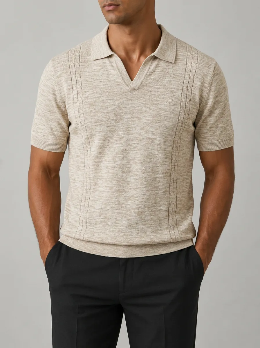 Men's Casual Beige Cable Knit Texture V-Neck Polo Shirt