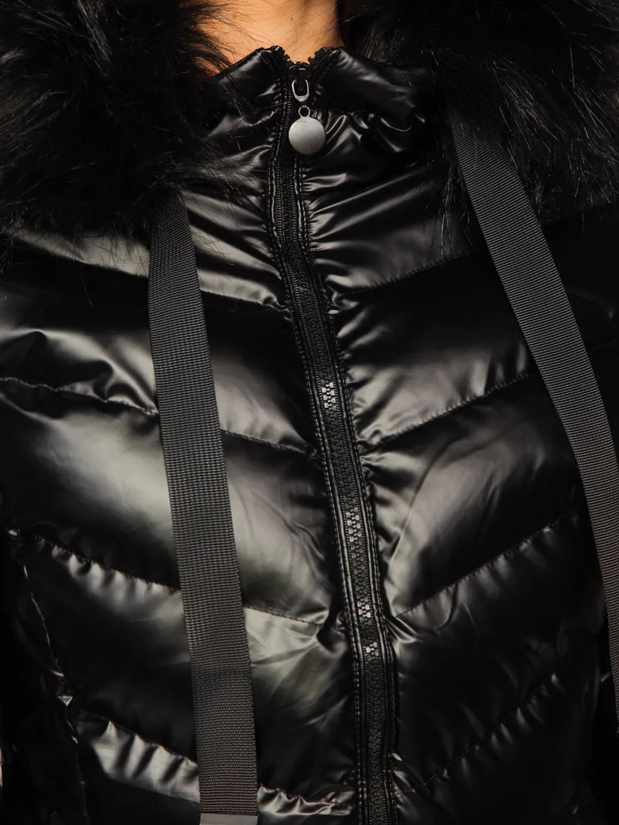 Black women's quilted winter jacket with hood
