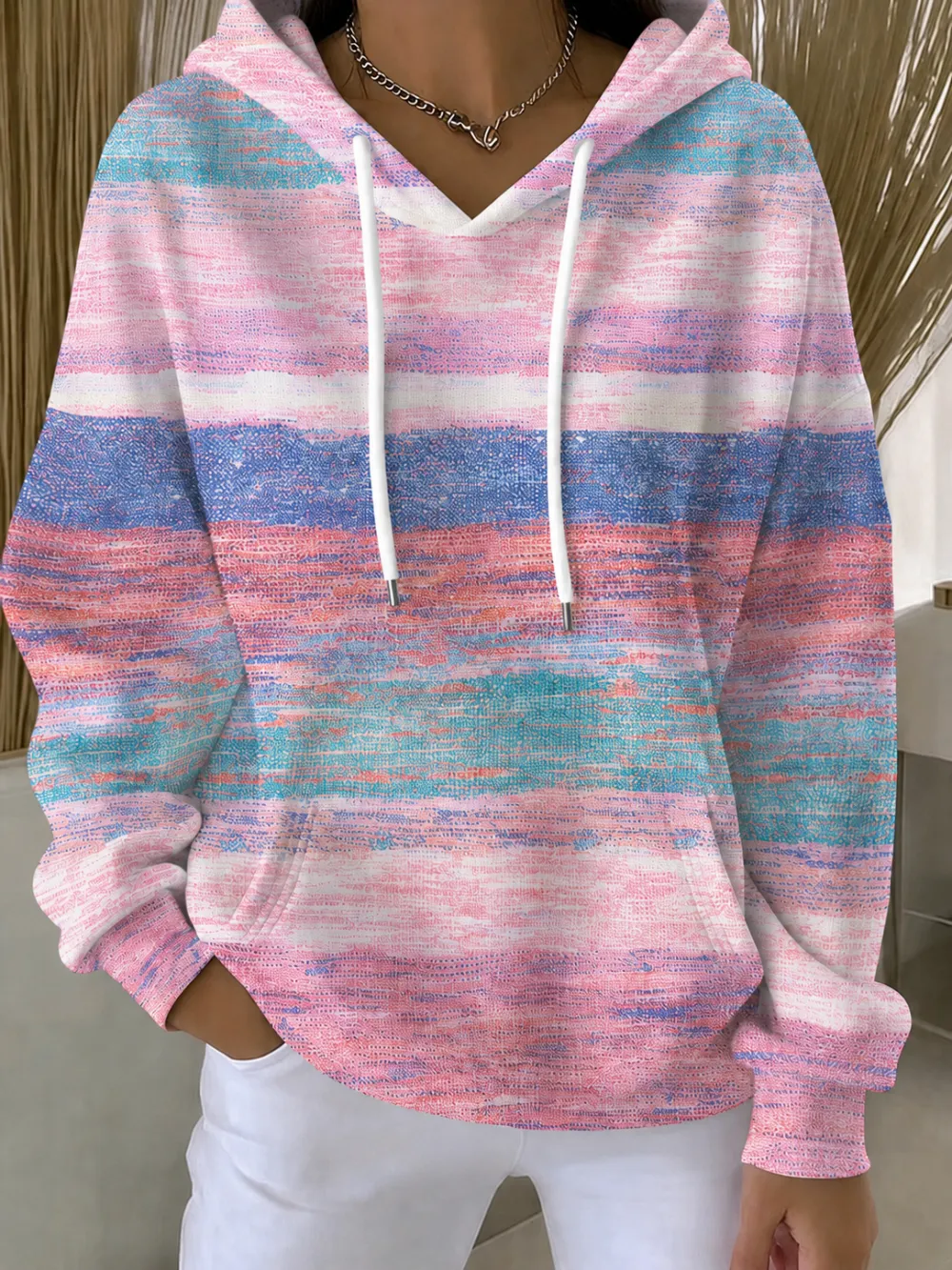 Women's Ribbon Print Long Sleeve Hooded Sweatshirt