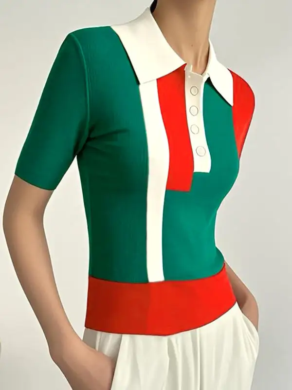 Short Sleeve Slim Fit Button Detail Contrast Lapel T-Shirt