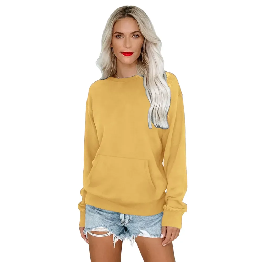 Women's Crewneck Hoodless Sweatshirt With Kangaroo Pocket Fleece Longsleeve Oversized Casual Style Shirt Lightweight Pullover