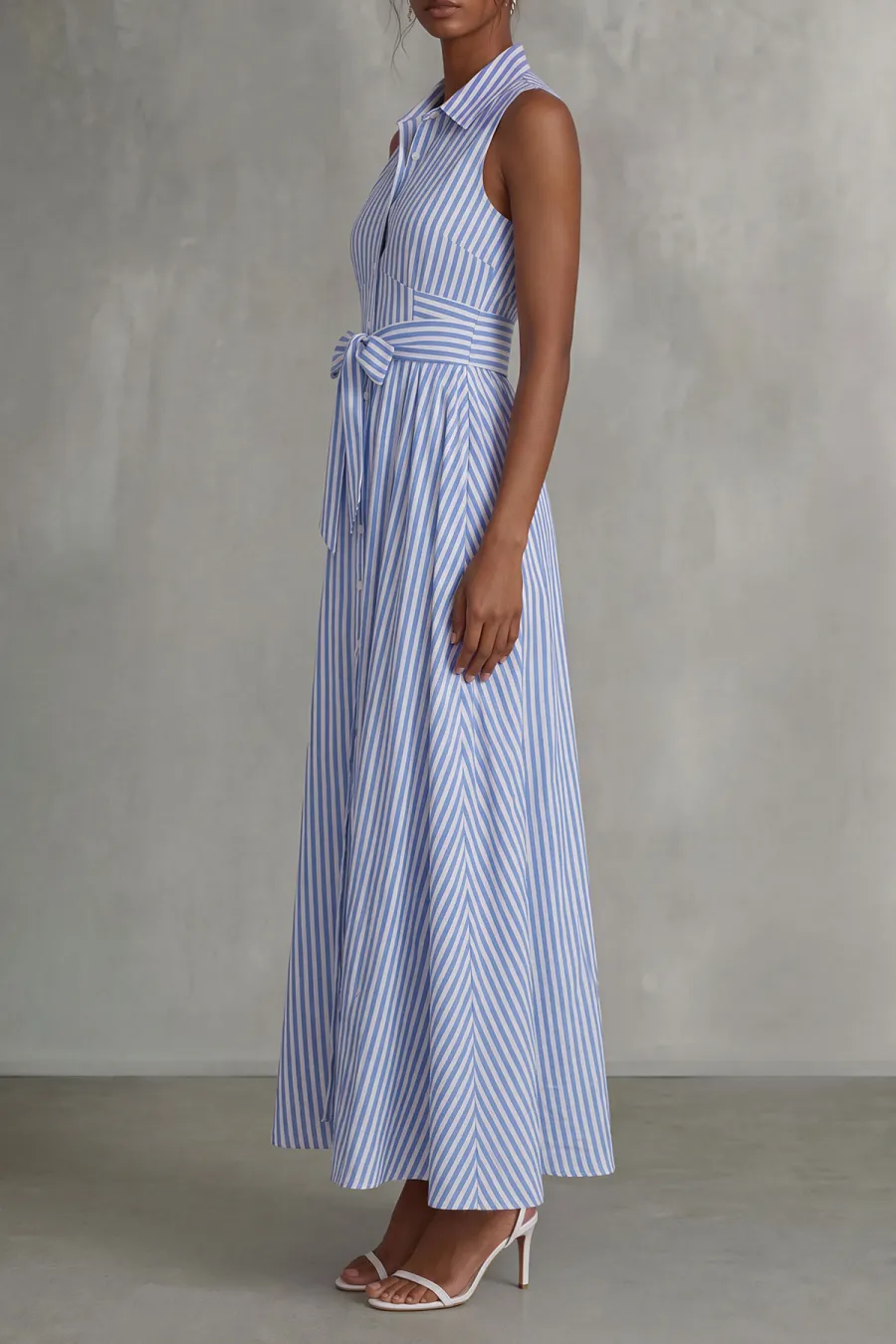 Tie Detail Button Front Striped Midi Dress