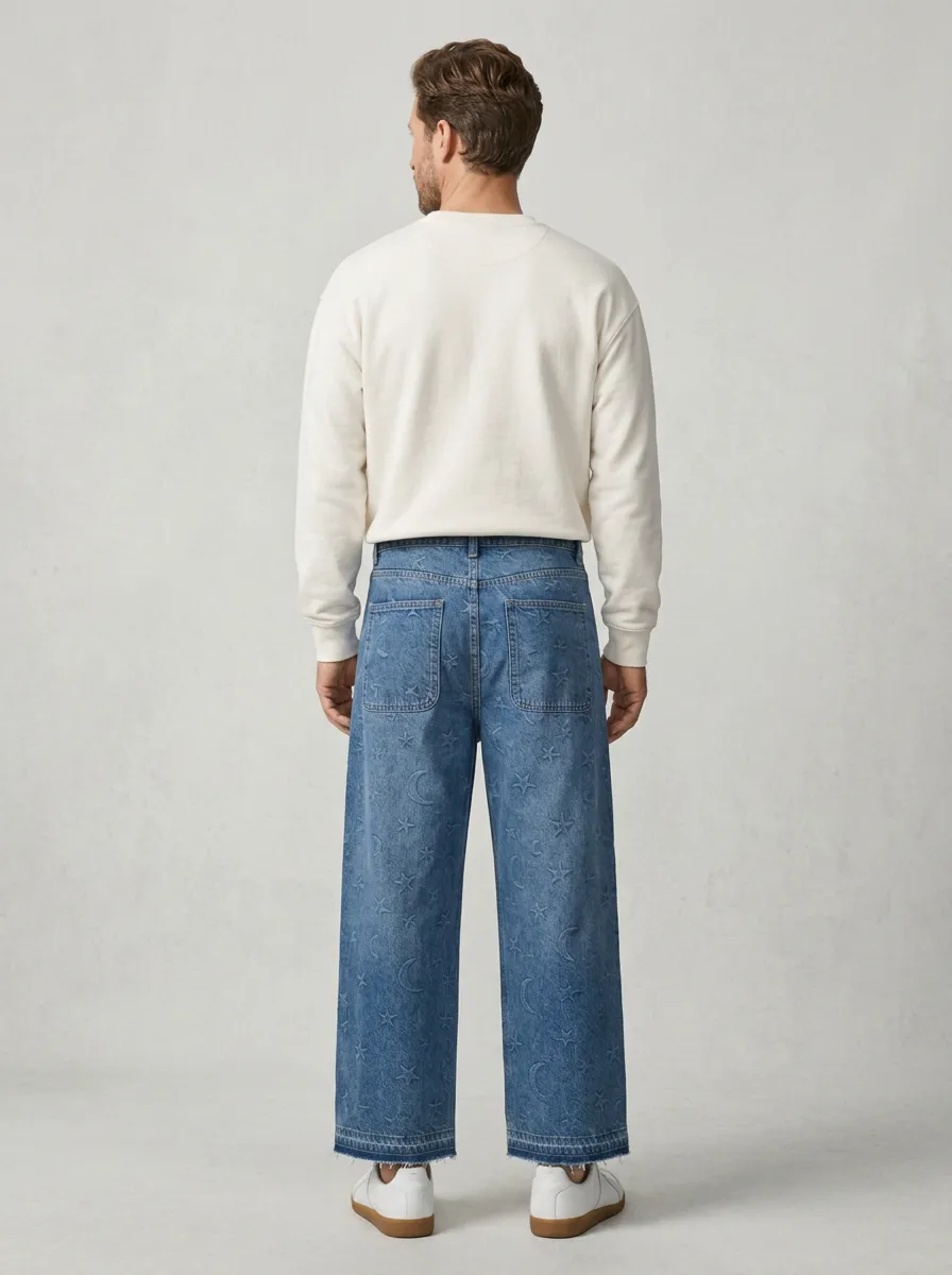 Wide Leg Celestial Graphic Star-and-Moon Graphic Star Graphic Men's Loose Fit Jeans
