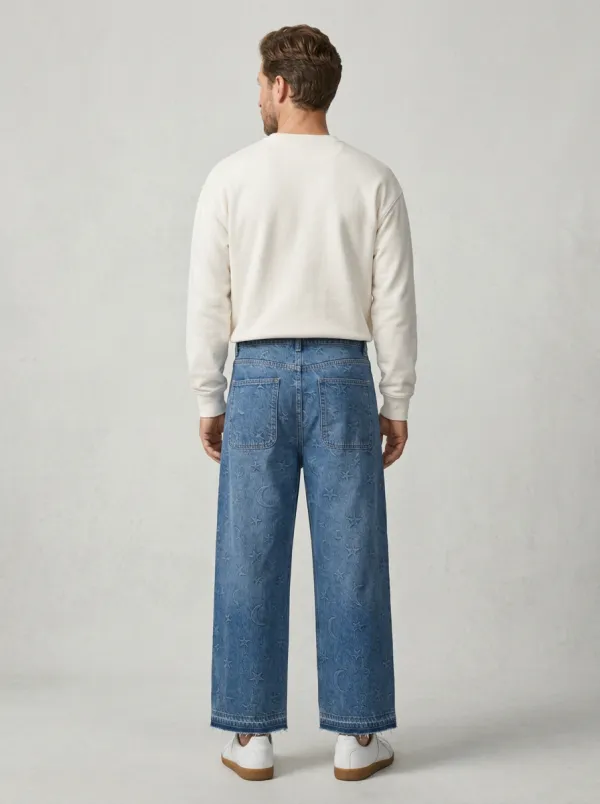Wide Leg Celestial Graphic Star-and-Moon Graphic Star Graphic Men's Loose Fit Jeans