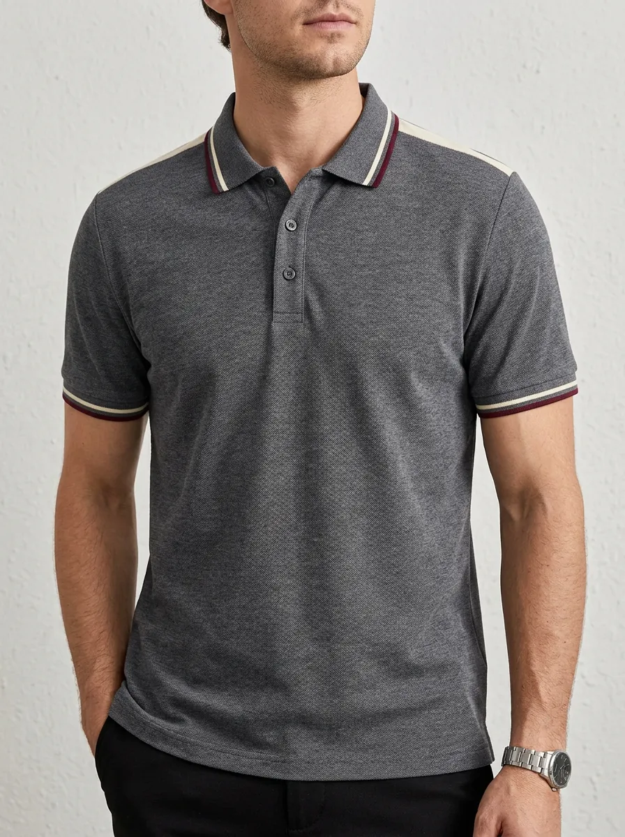Men's Knit Ribbed Textured Striped Contrast-Trim Polo Shirt