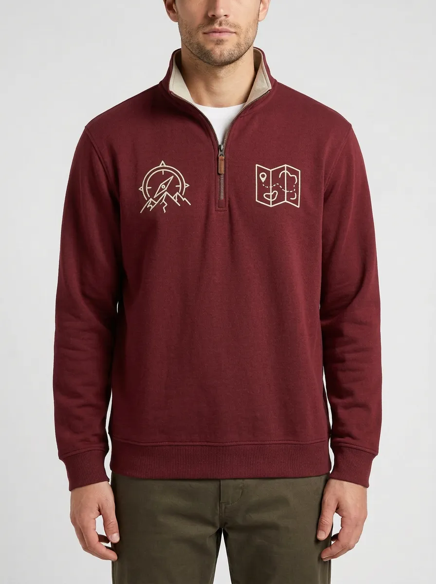 Men's Outdoor Compass Map Graphic Quarter-Zip-Neck Sweatshirt