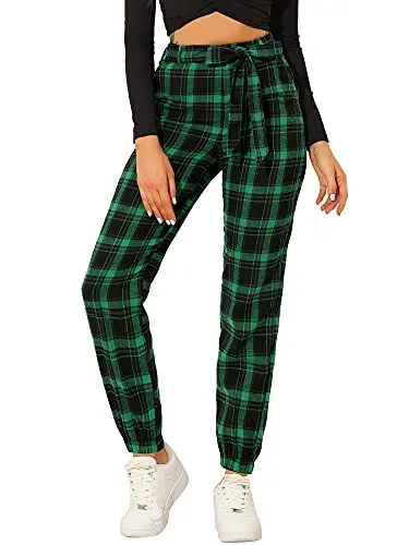 Women's Plaid Sweatpants Casual Tapered Tie High Waisted Tartan Pants with Pockets