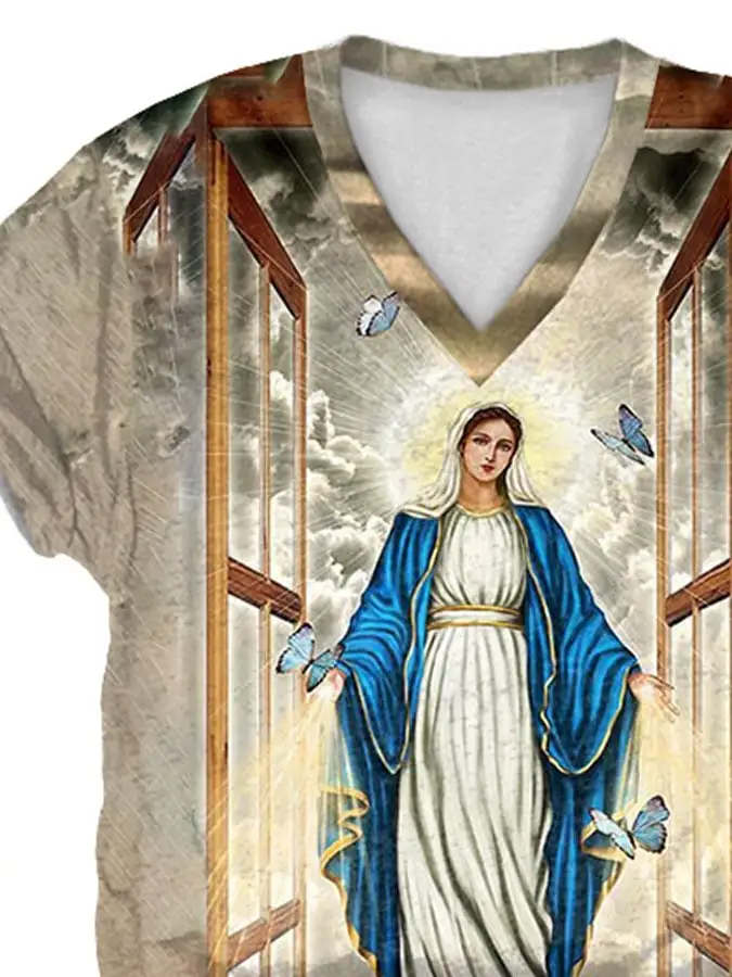 V-neck Mother Mary Blessed Print T-Shirt