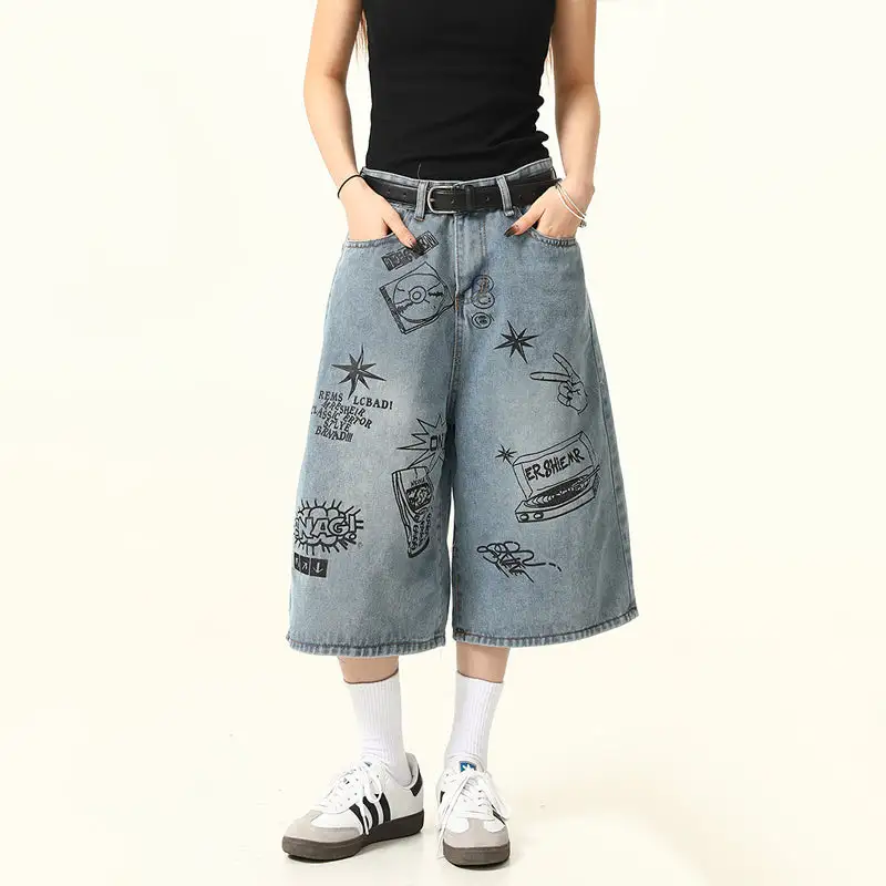 Graffiti Print Denim Shorts