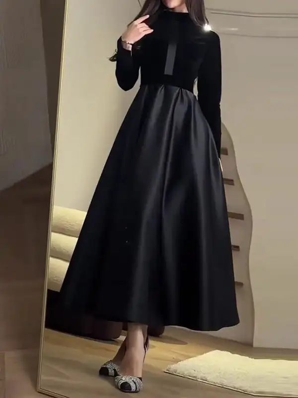 Joint Pleated Long Neck Maxi Dress