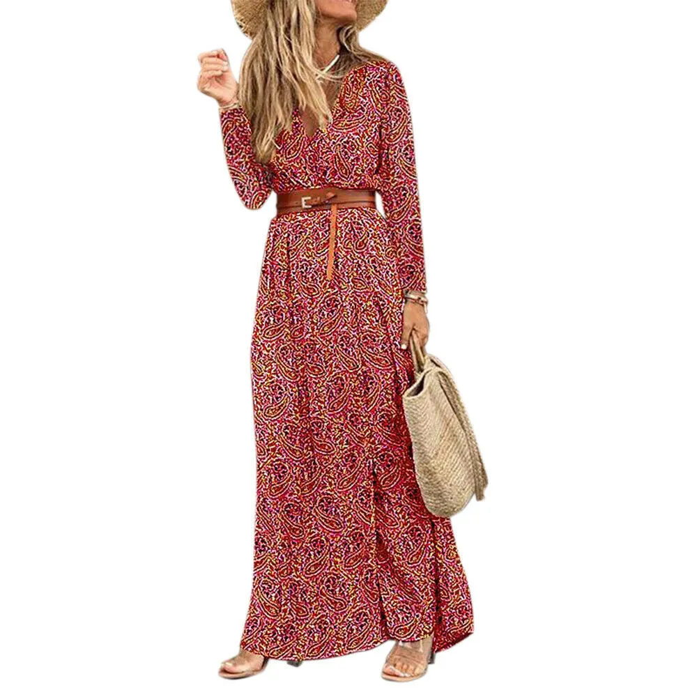 Women's Long-sleeved V-neck Bohemian Floral Dress Dresses Basic Model