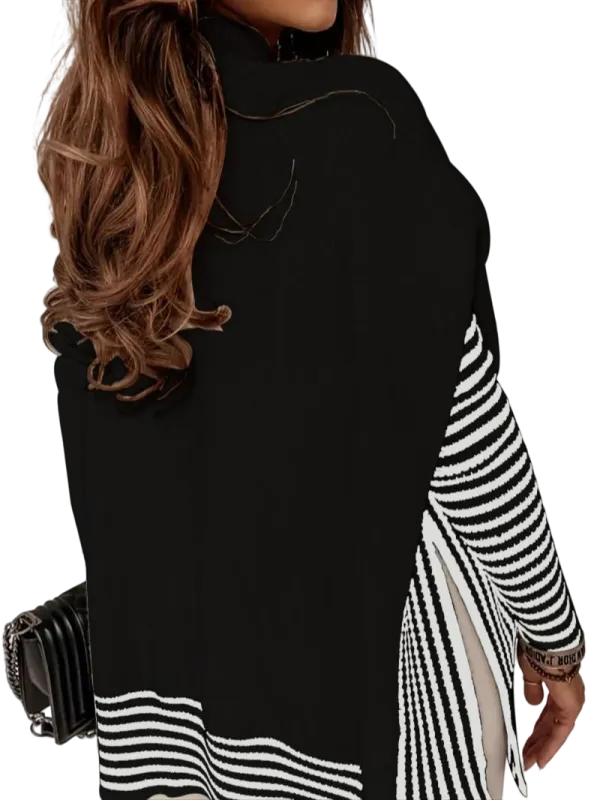 Women's Striped Patchwork Print Batwing Sleeve Split Hem Sweater for Fall & Winter