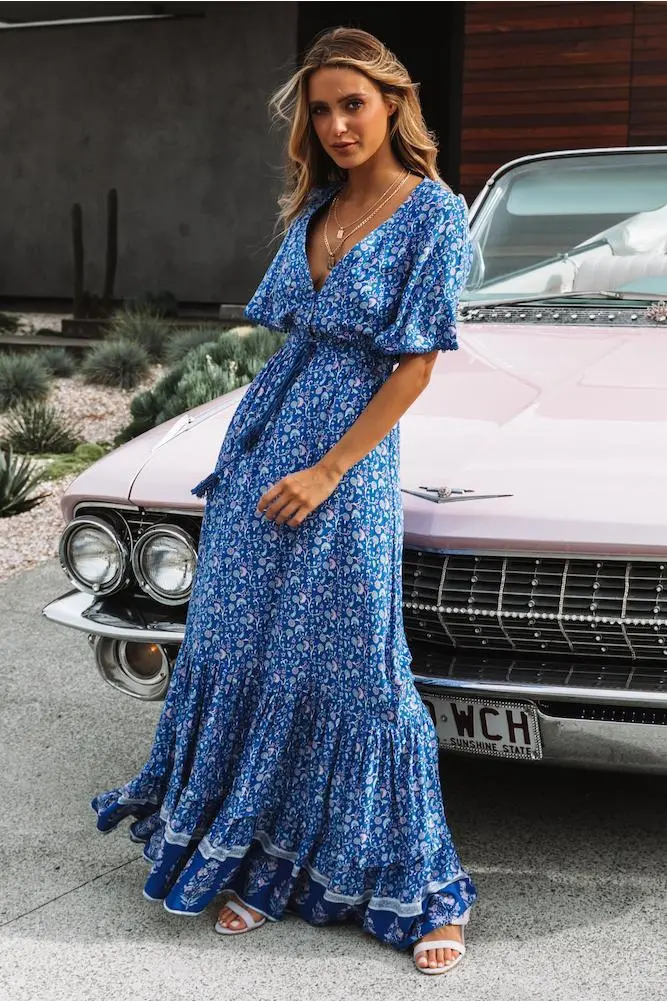 V-Neck Short Sleeve Boho Maxi Dress
