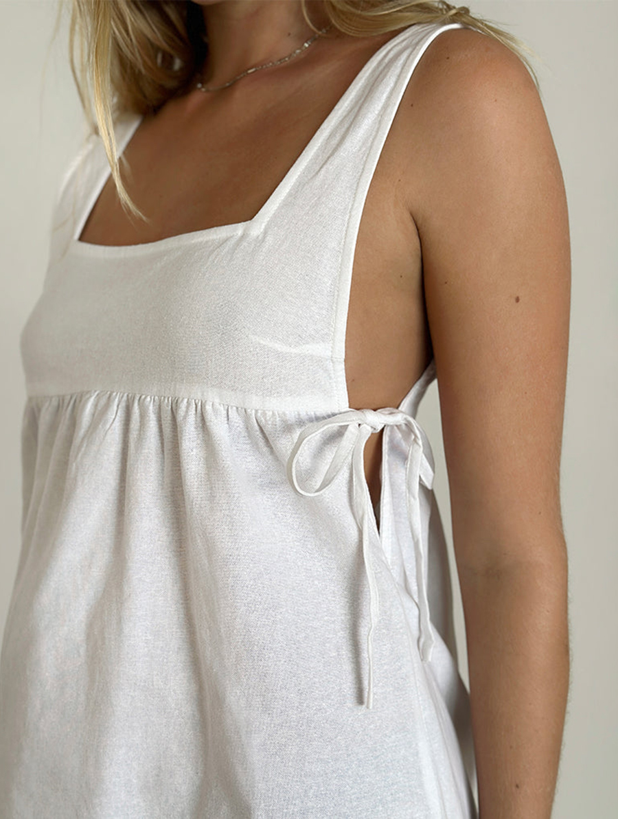 Tie Side Mini Dress In Linen White