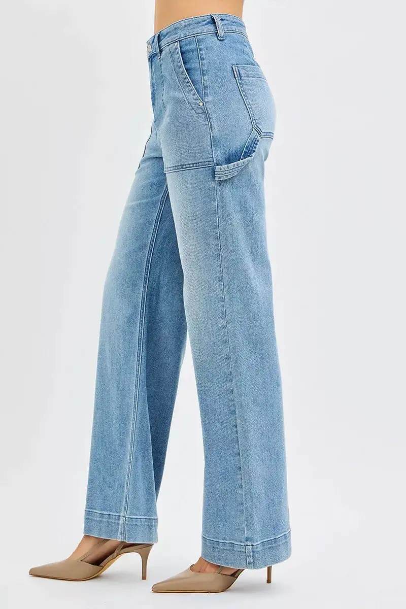 Tailored High-Rise Washed Pocketed Stretch Straight Leg Jeans