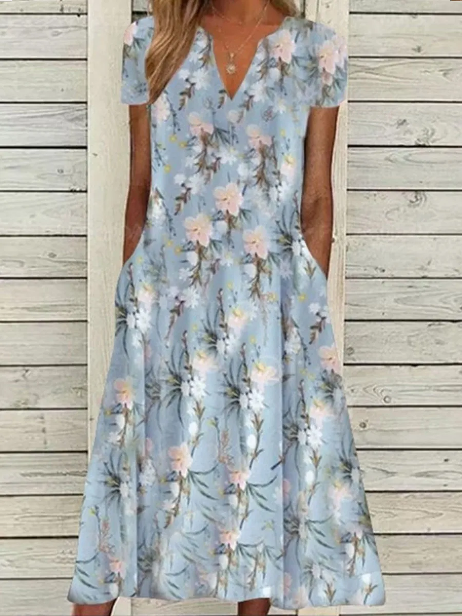 V-neck Casual Floral Print Resort Short Sleeve Midi Dress