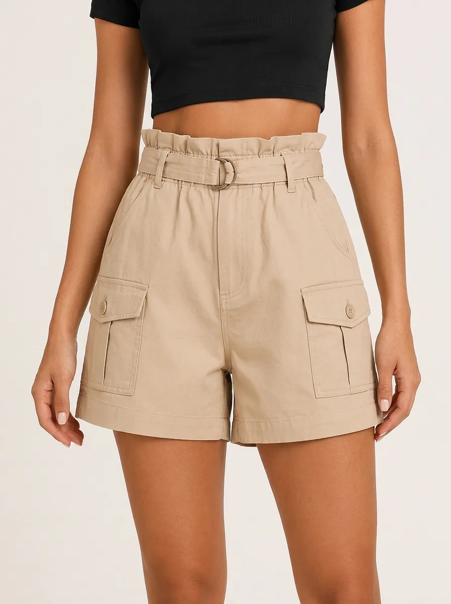 Women's Casual Khaki High Waisted Belted Cargo Shorts