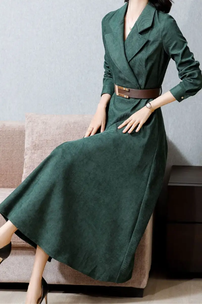 Wool Blend Lapel Collar Long Sleeve Midi Dress