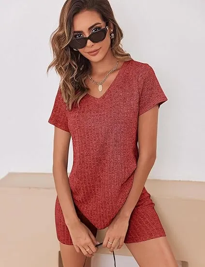 10PACK-Ribbed Pajama Short Sleeve Workout Set