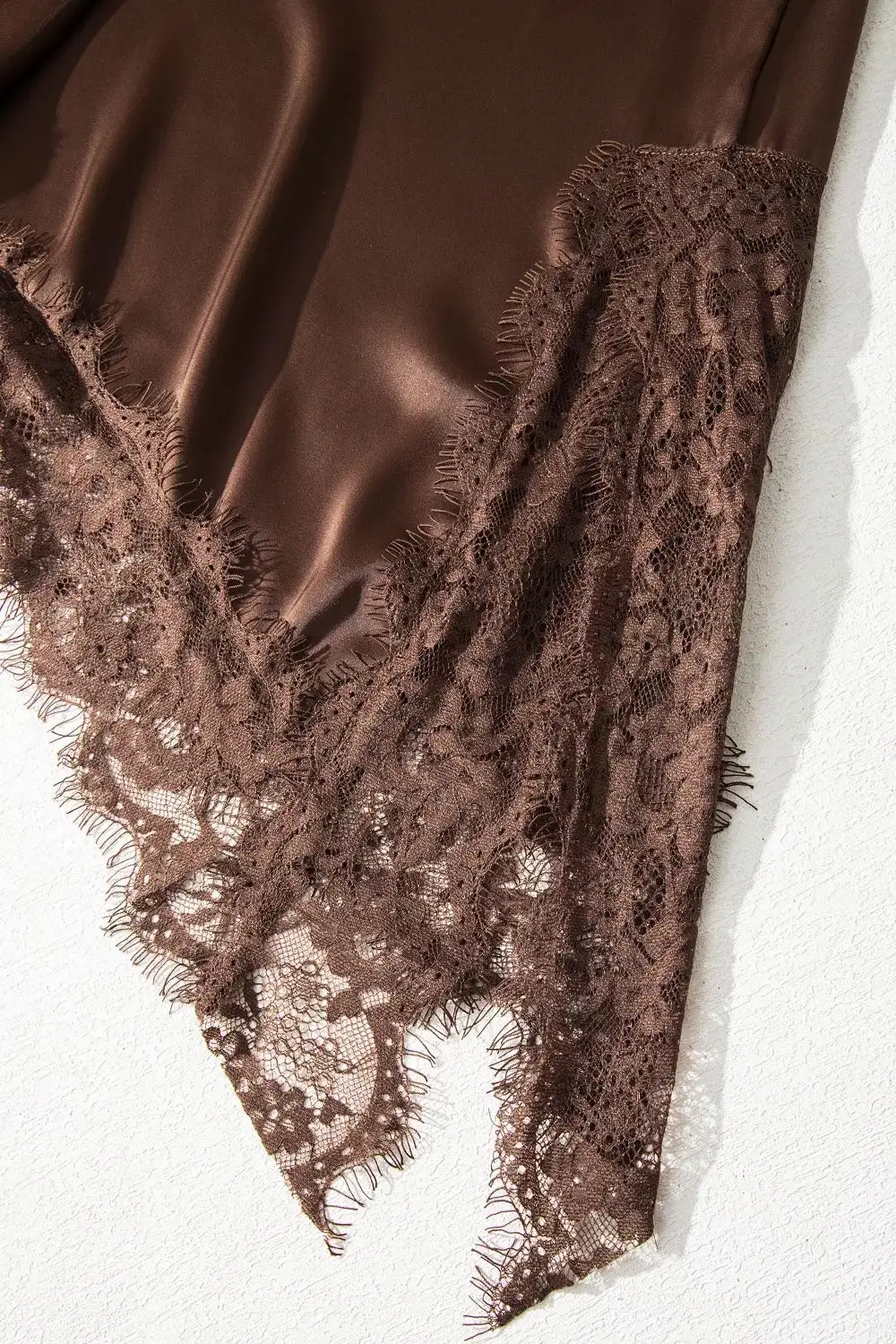 Asymmetric Lace Trim Short Sleeve Satin Top