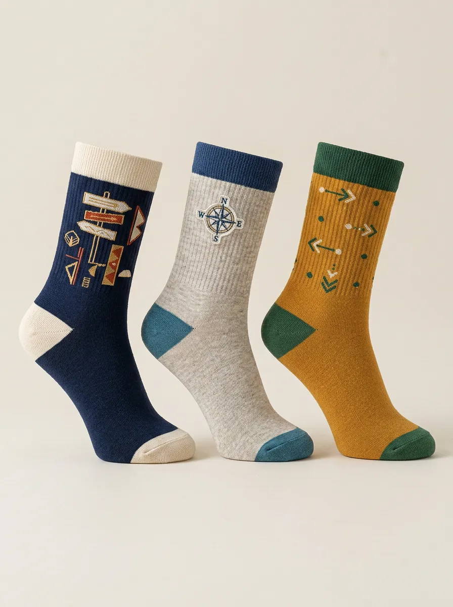 Unisex Outdoor Three-Pair Embroidered Crew Socks