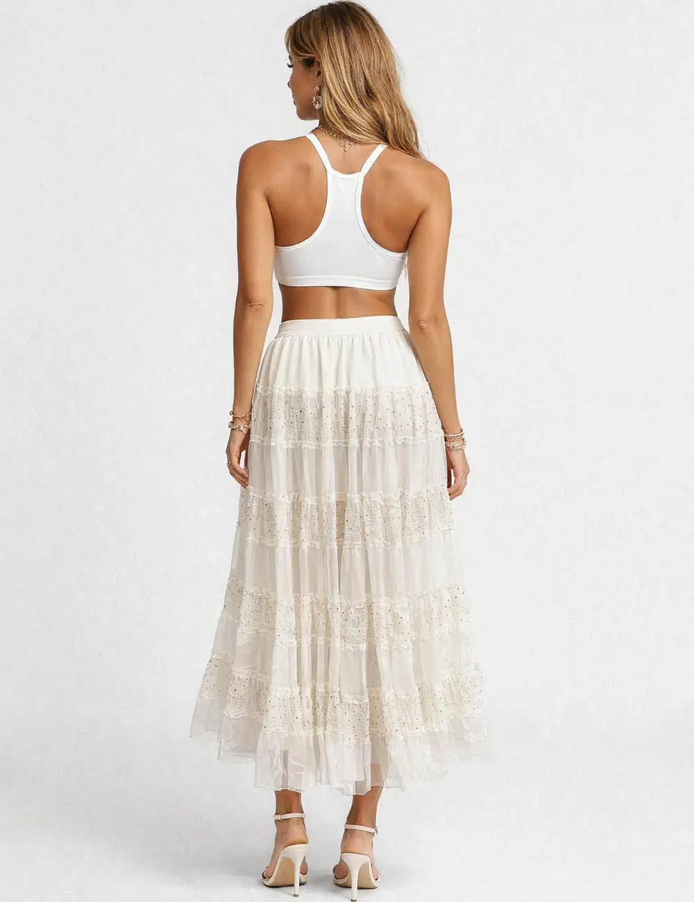 Elastic Waist Sequin Tiered Hem Mesh Maxi Skirt