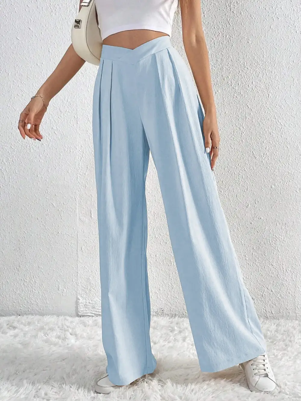 V Waisted Ruched Front Wide Leg Pants