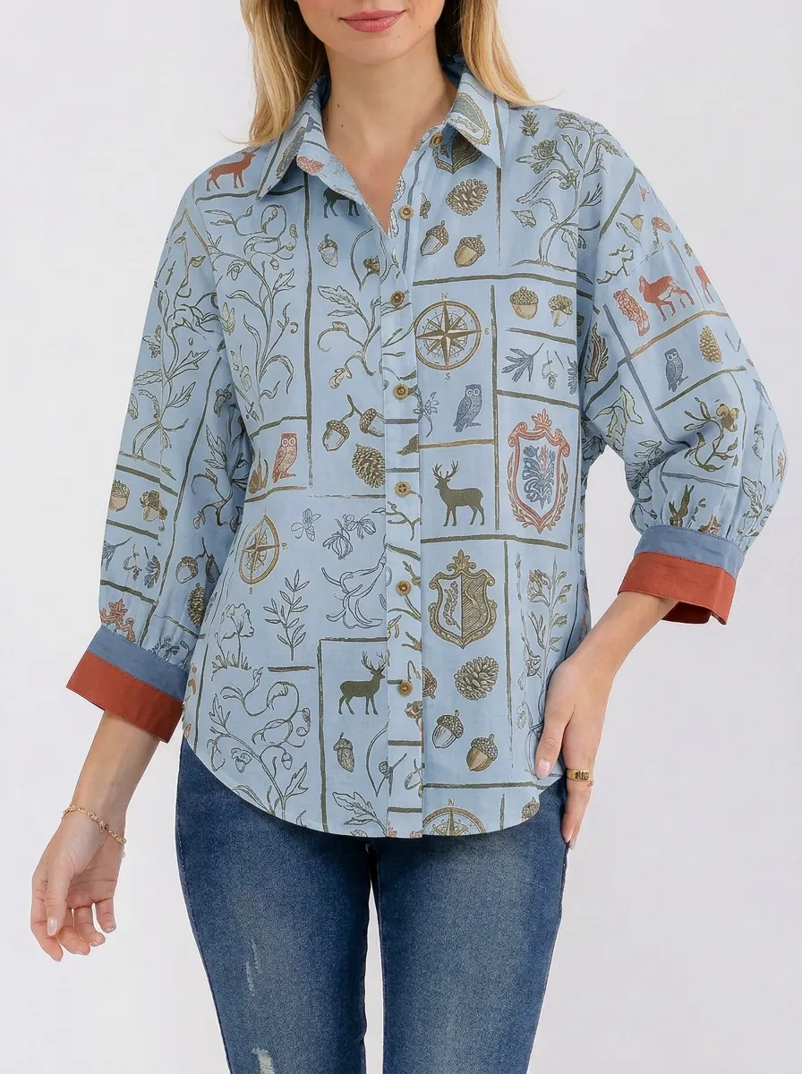 Women's Nature Forest Deer Compass Printed Button-up Shirt