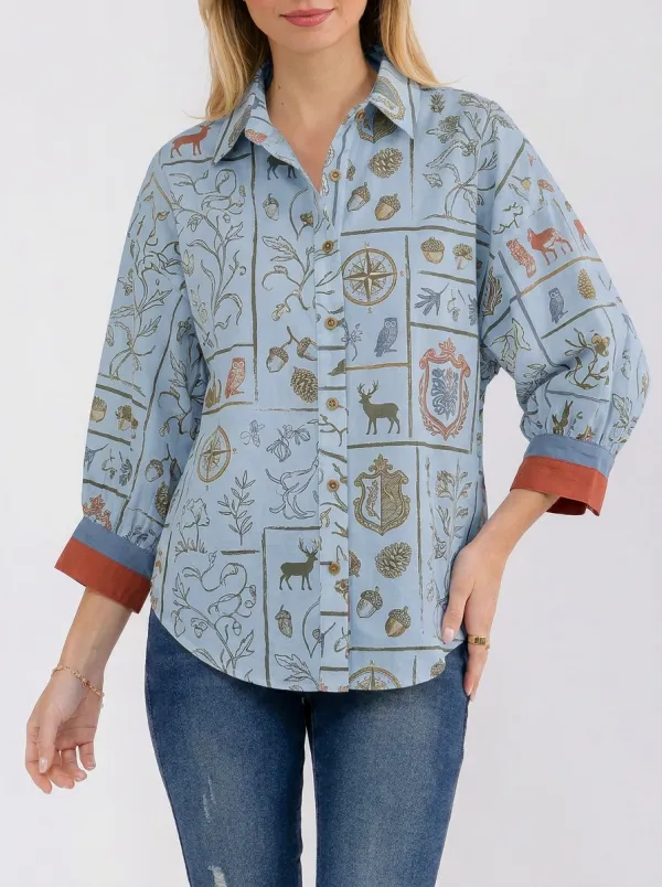 Women's Nature Forest Deer Compass Printed Button-up Shirt
