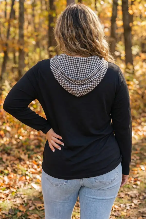 Plaid Hooded Relaxed Cotton Blend Long Sleeve Top