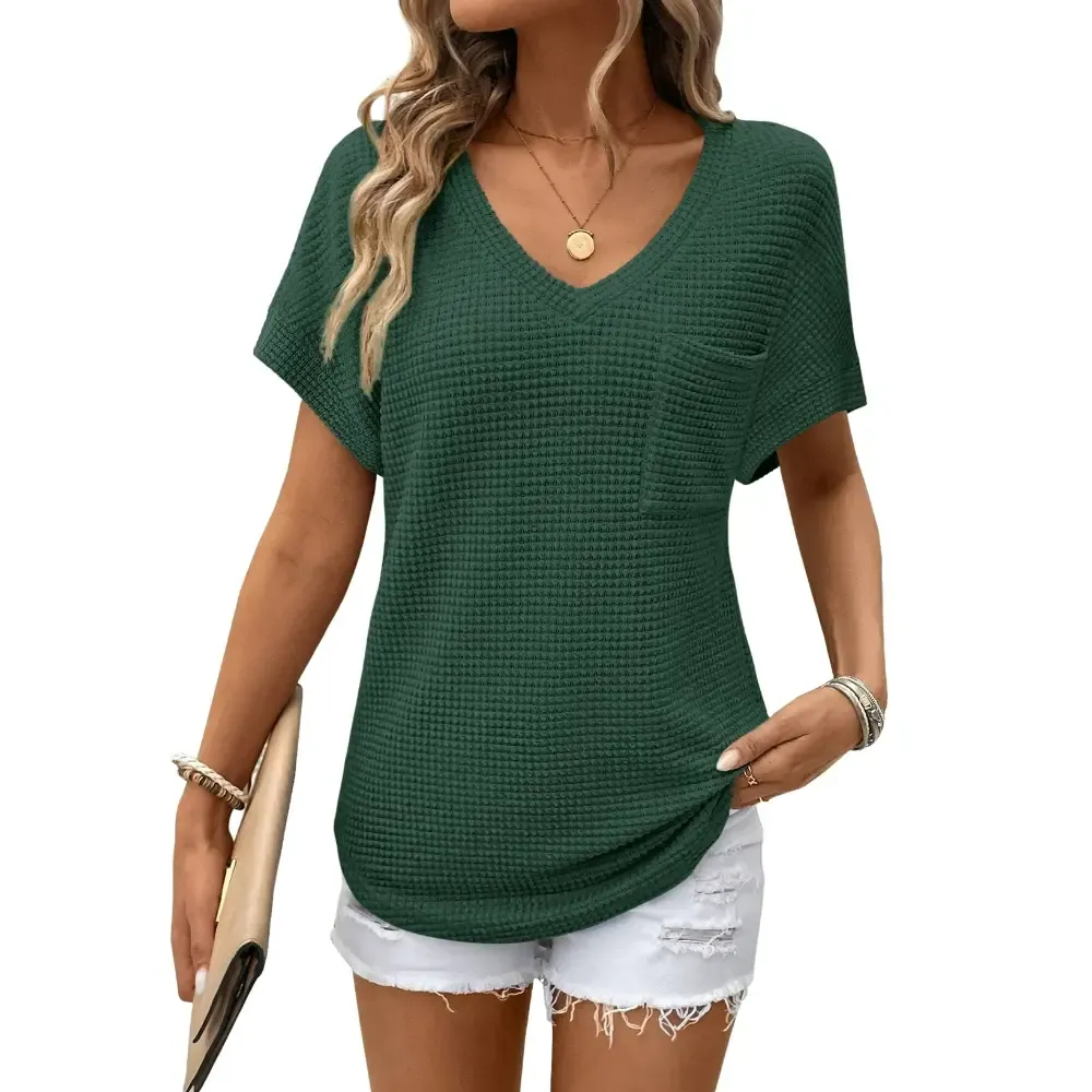 Women's Waffle Knit V-Neck Casual Summer Top