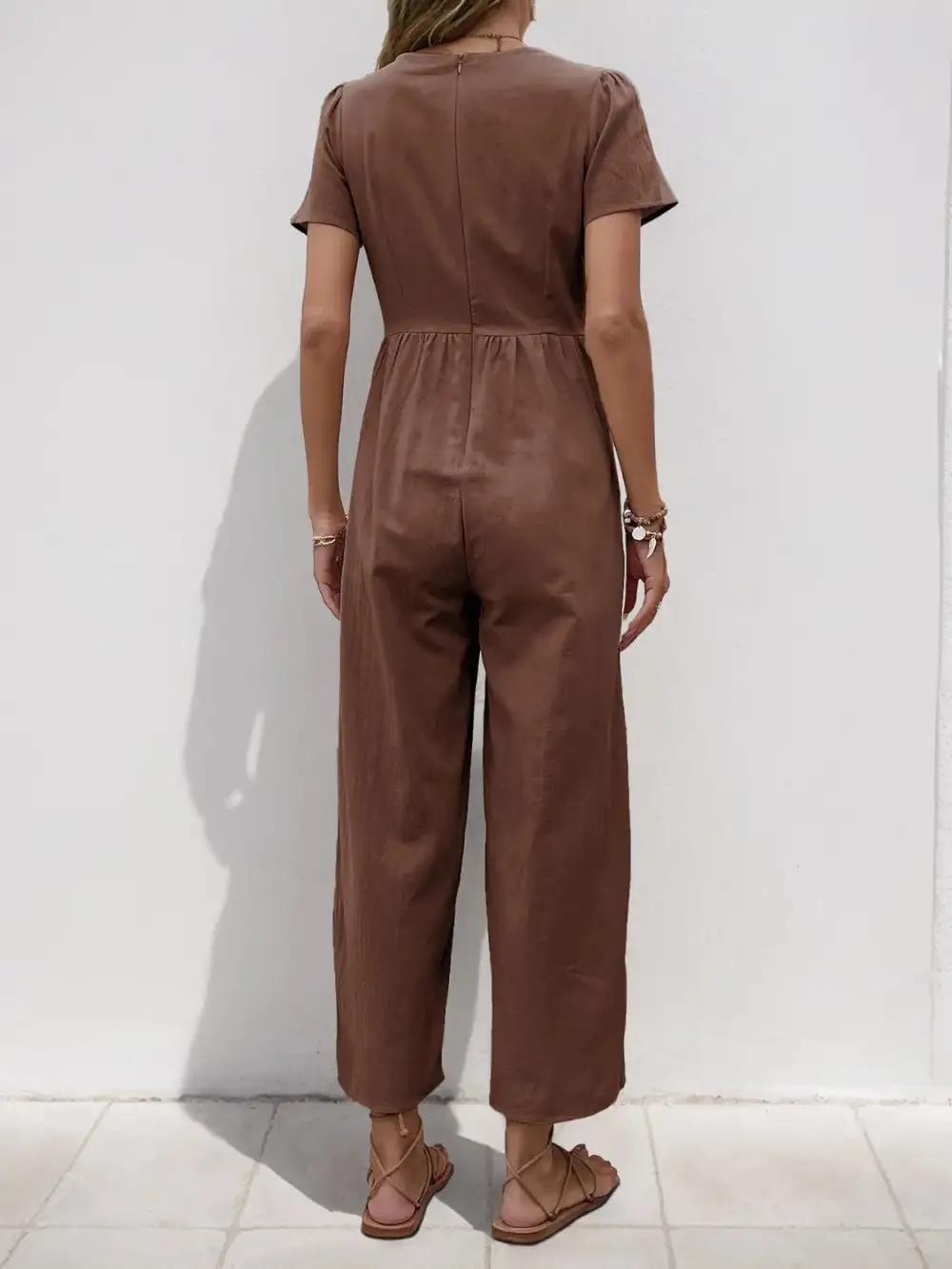V Neck Short Sleeve Wide Leg Shorts