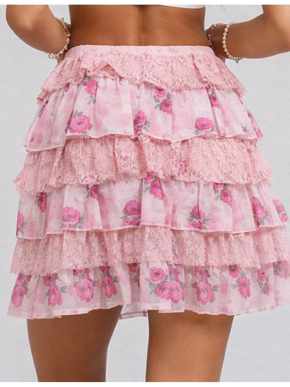 Boho Lace Panel Tiered Ruffle Mini Skirt
