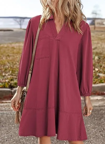 Women Fashion Fall Casual Babydoll 2025 V Neck 3/4 Puff Sleeve Jean Dresses