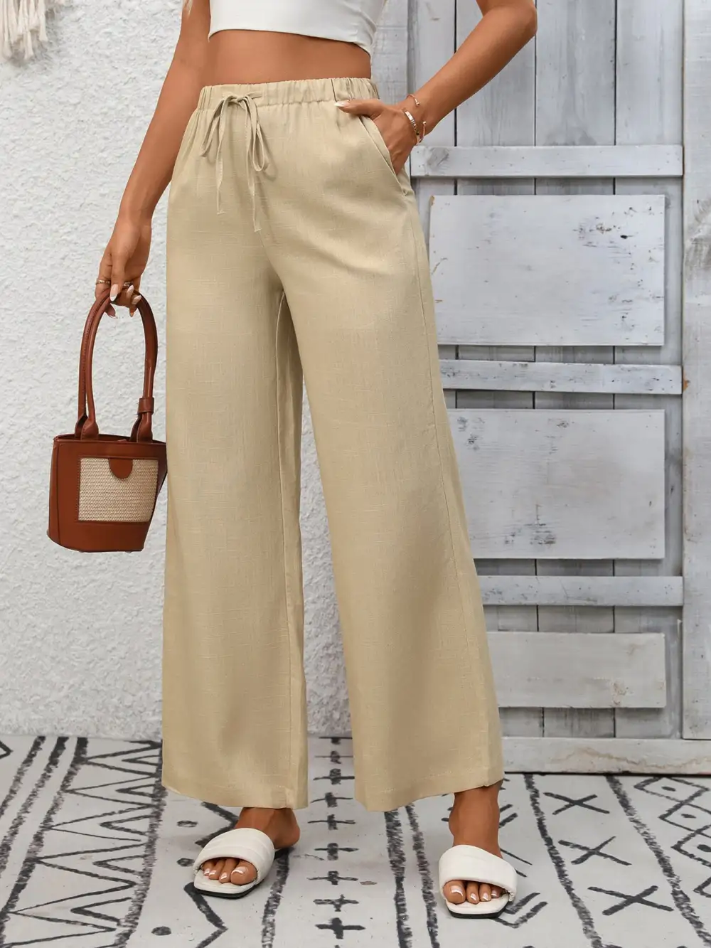 Wide Leg High Waist Drawstring Pocketed Pants