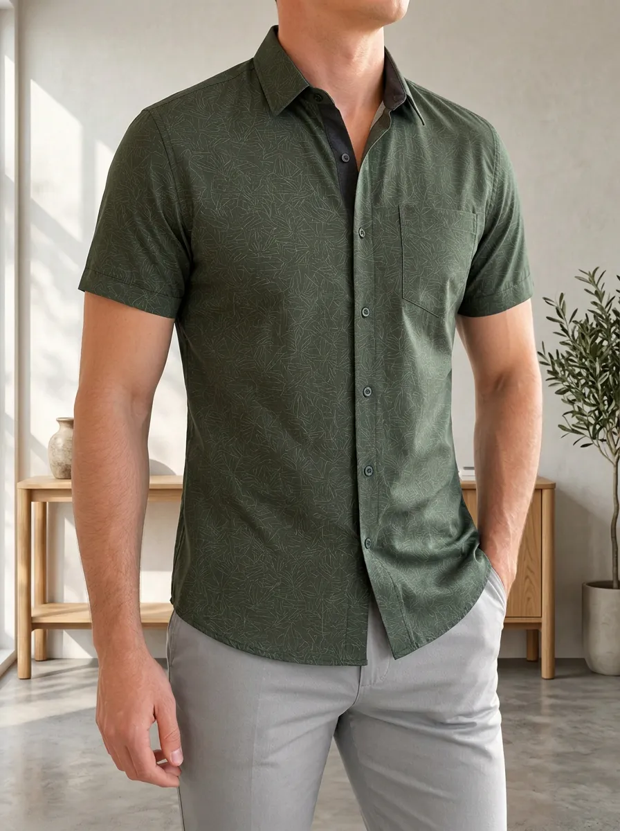 Men's Slim Fit Olive Green Leaf Pattern Printed Shirt
