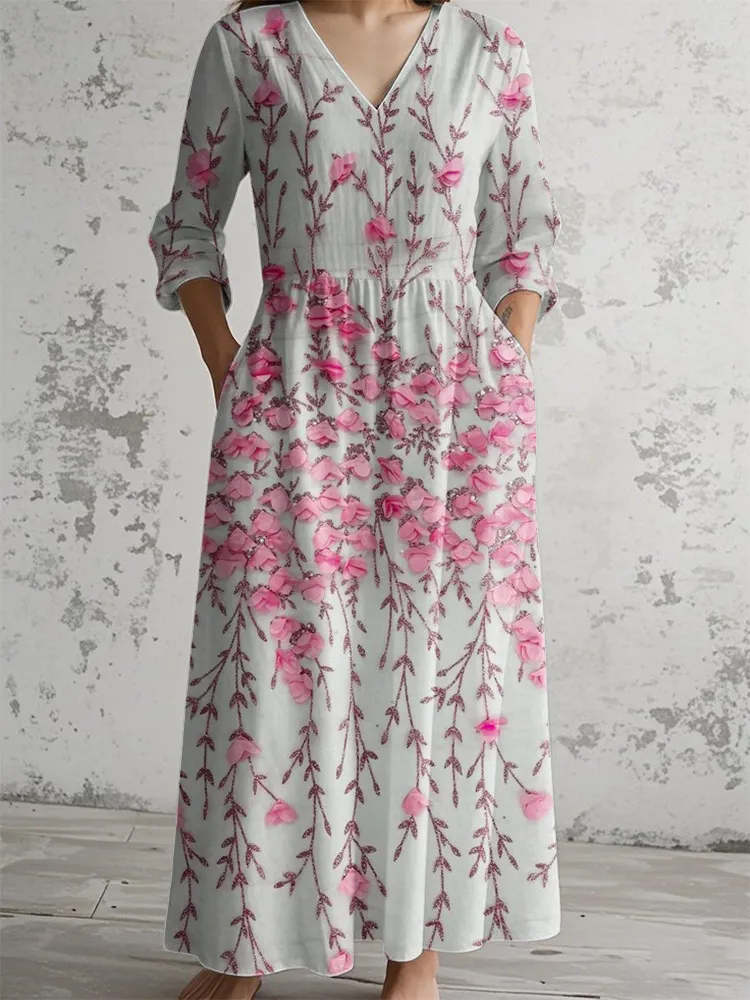 Rose Red Flower Sequin Print Long-Sleeve V-Neck Dress