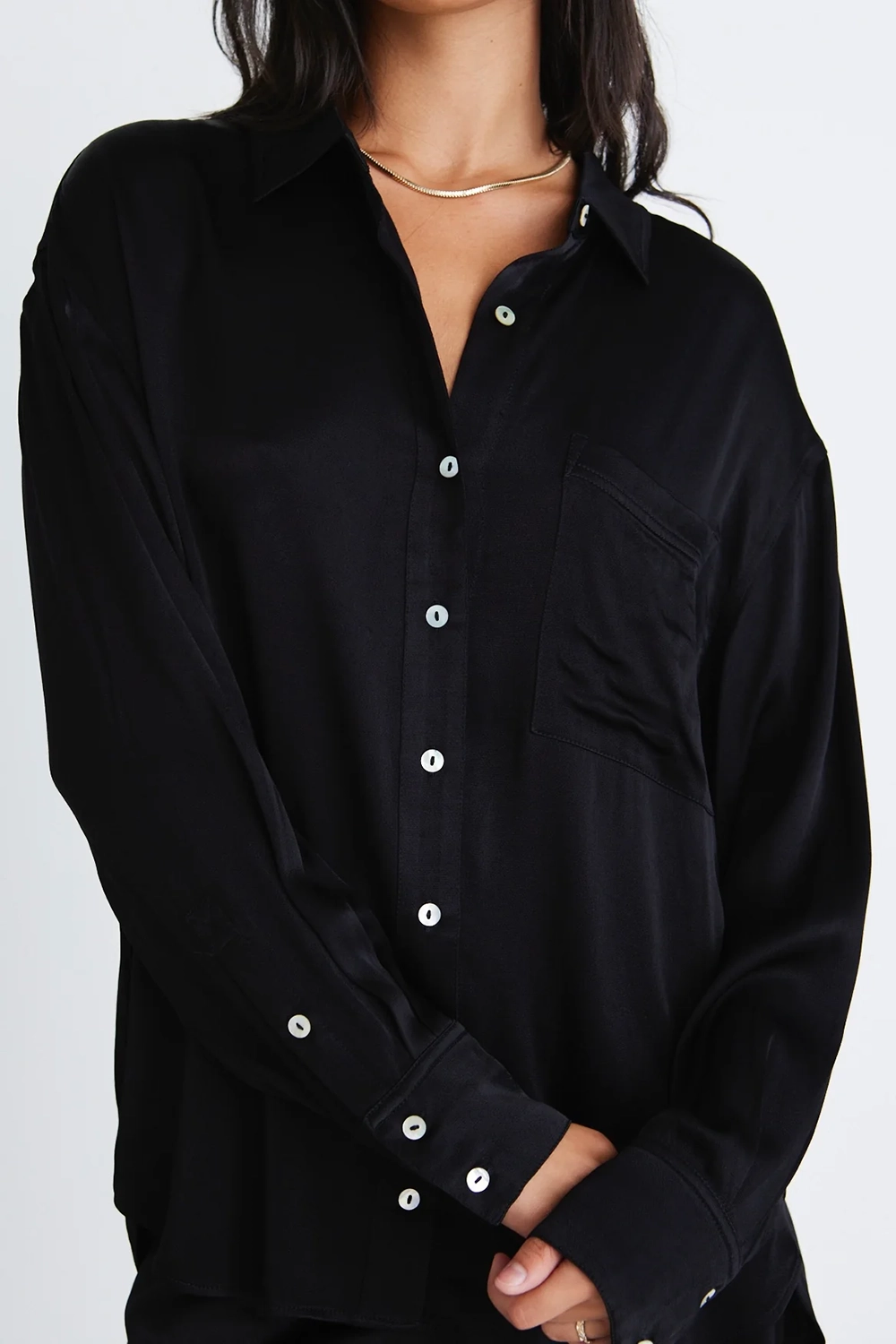 Black Satin Long - Sleeve Button - Up