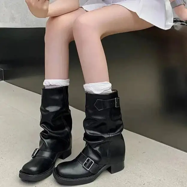 Leather Riding Buckle-Detail Knee-High Boots