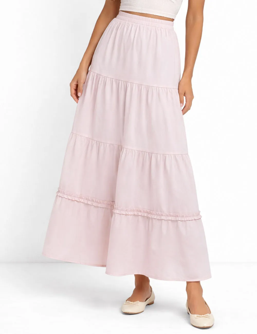 Tiered Hem Elastic Waist Solid Color Midi Skirt