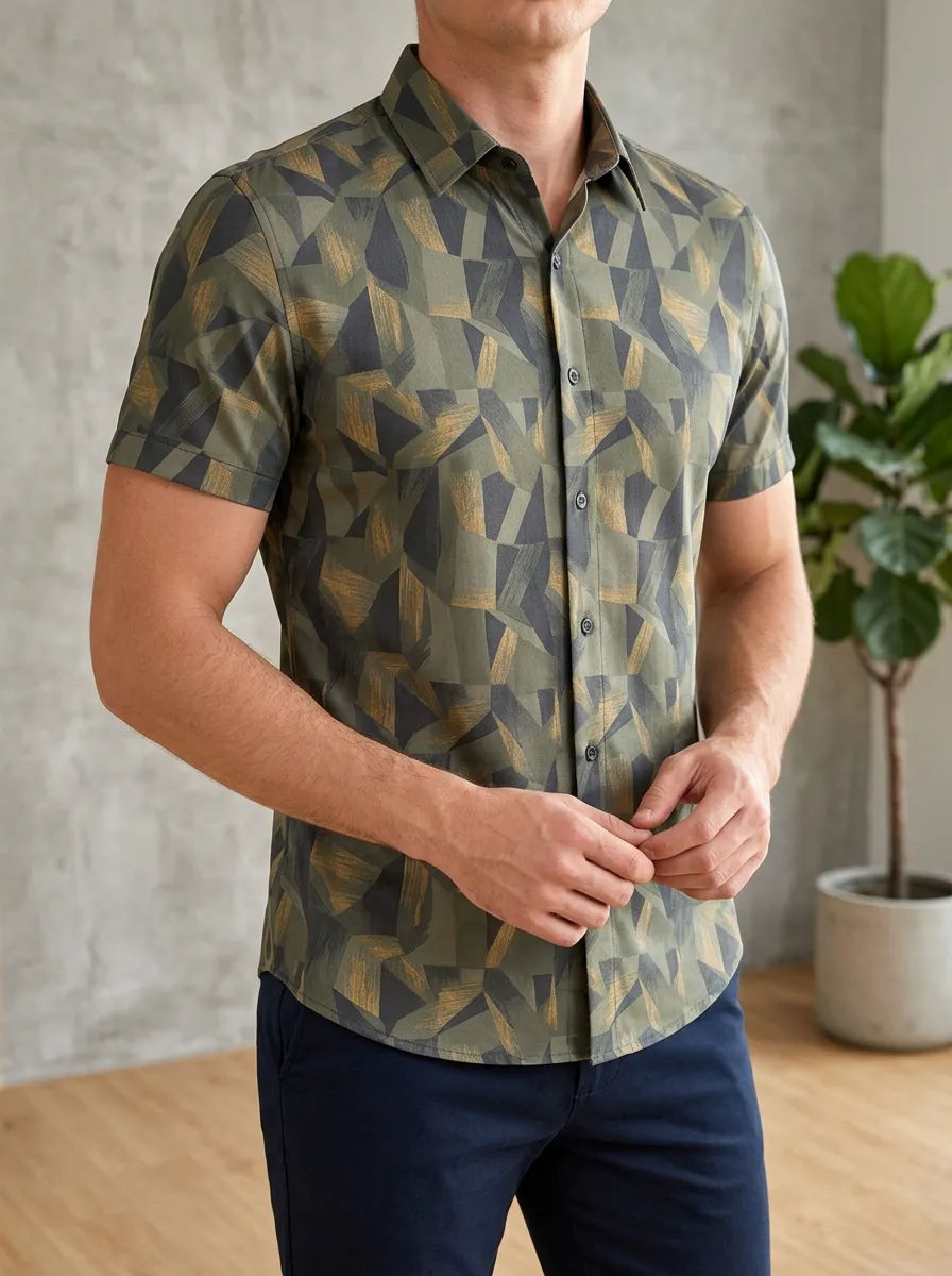 Men's Geometric Abstract Olive Green Printed Slim Fit Shirt